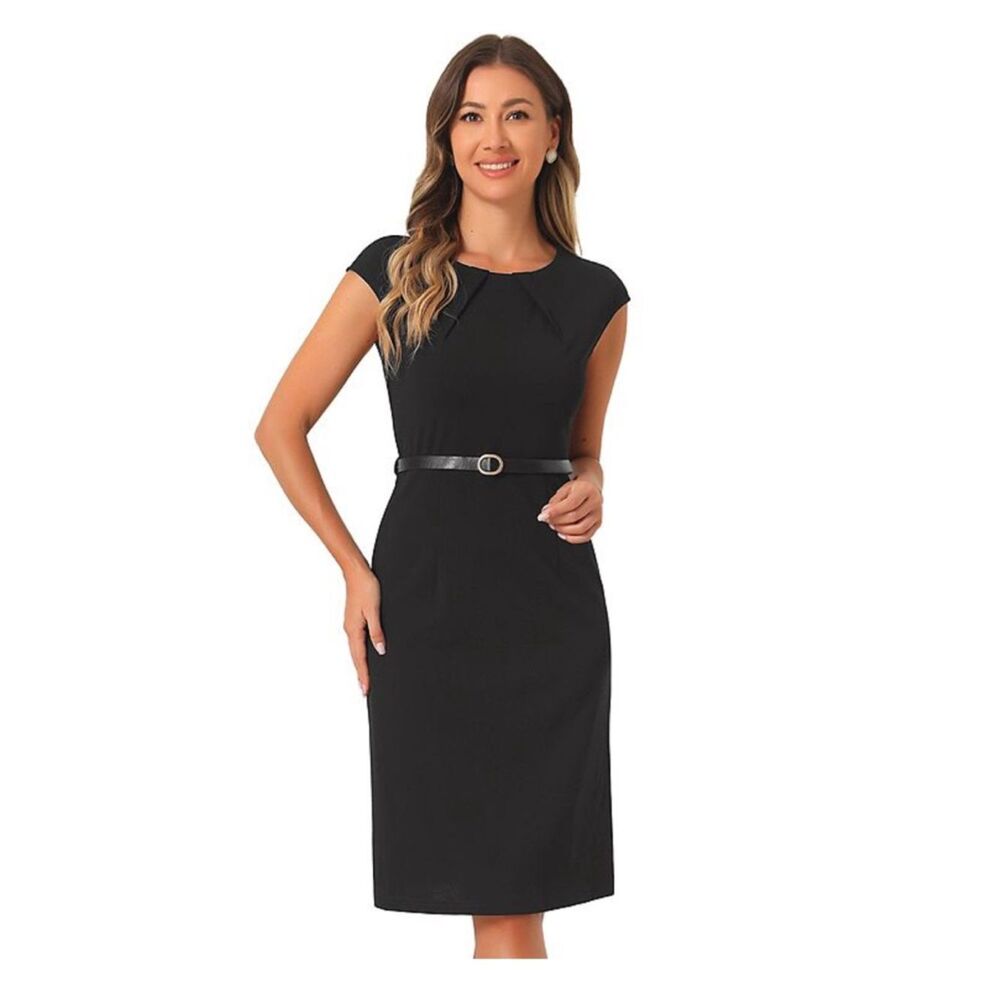 Allegra K Black Sheath Dress XL Belted Cap Sleeve Career Office Work Dress